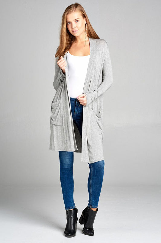 Ladies fashion plus size long sleeve open front w/pocket long length rayon spandex cardigan