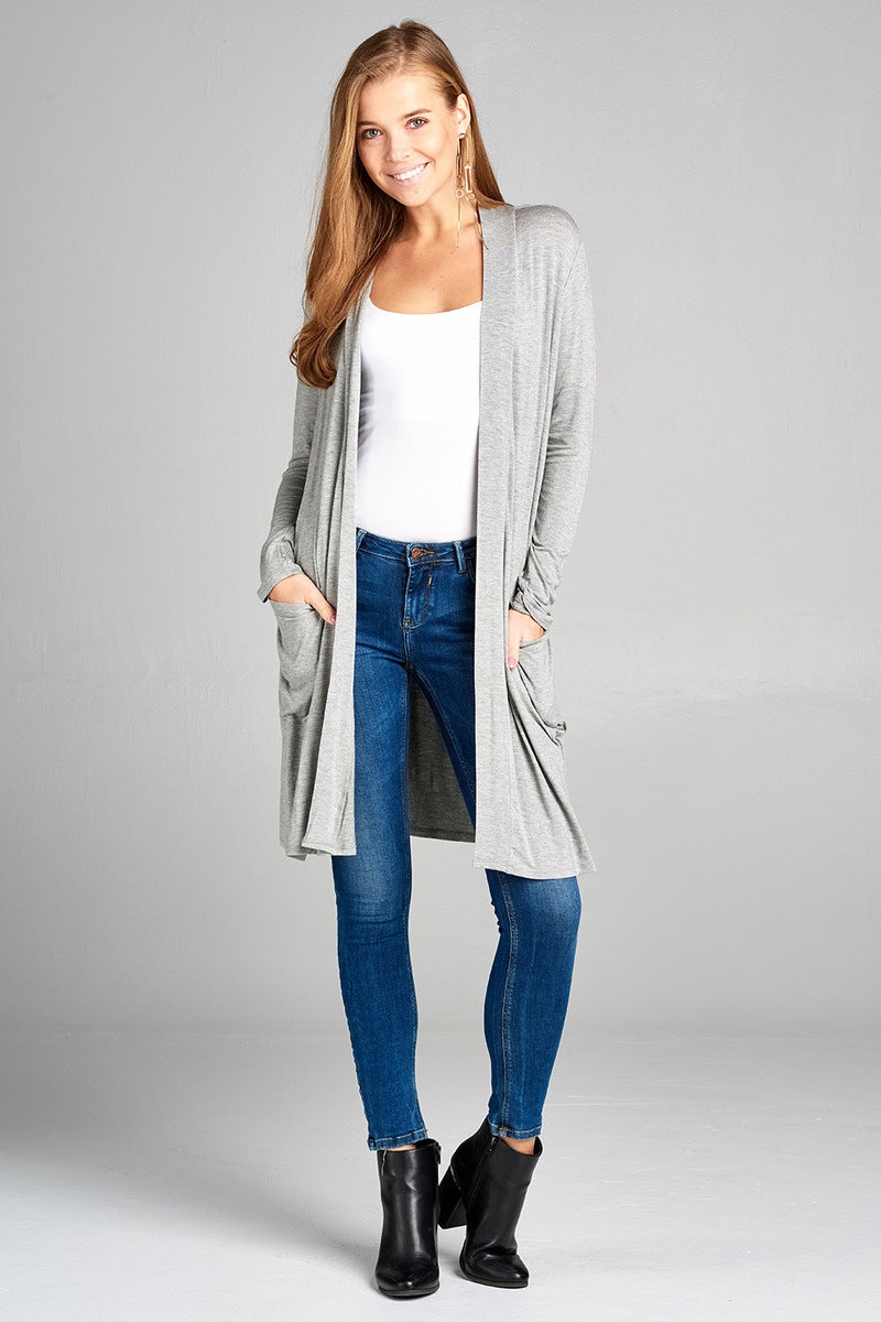 Ladies fashion plus size long sleeve open front w/pocket long length rayon spandex cardigan