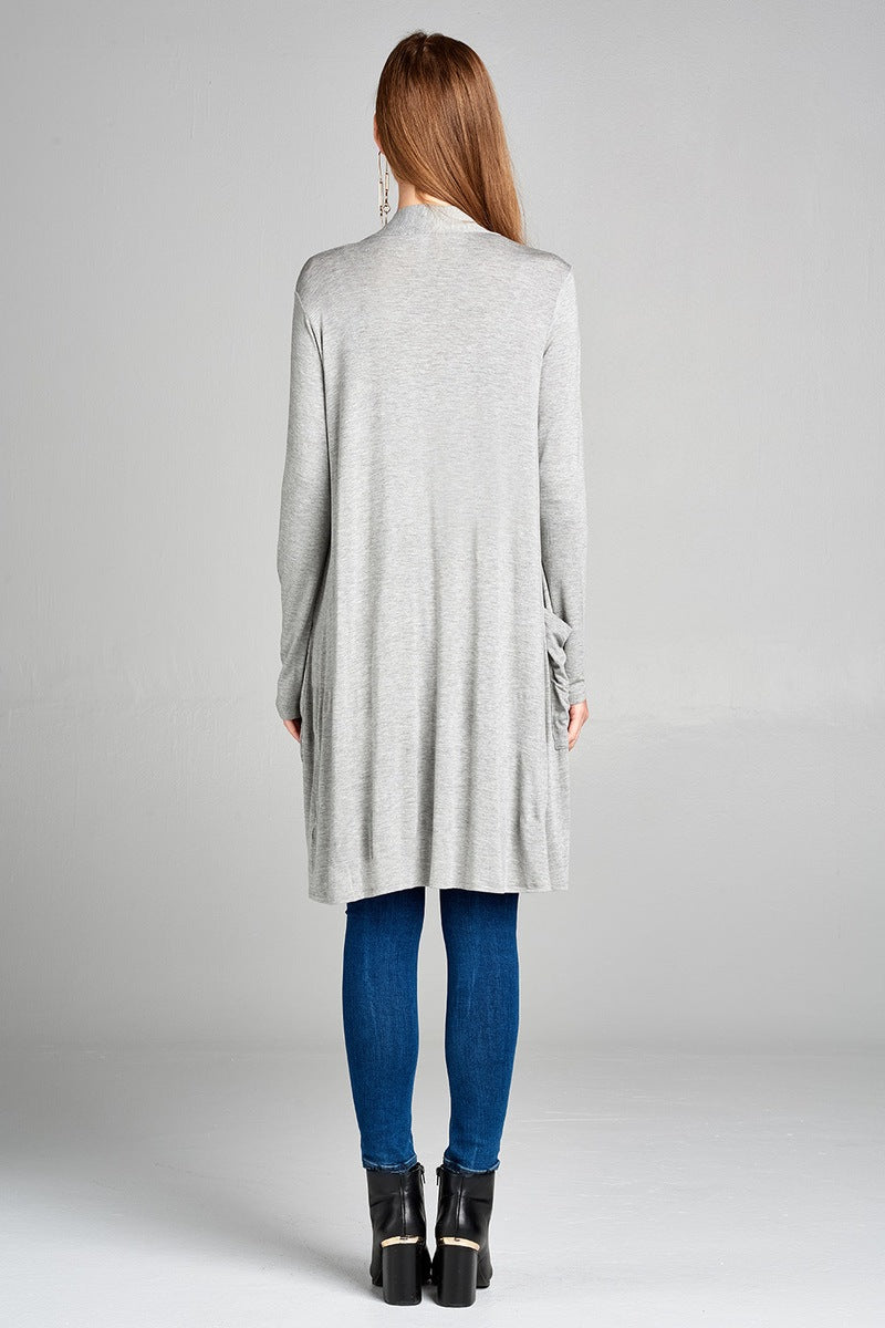 Ladies fashion plus size long sleeve open front w/pocket long length rayon spandex cardigan