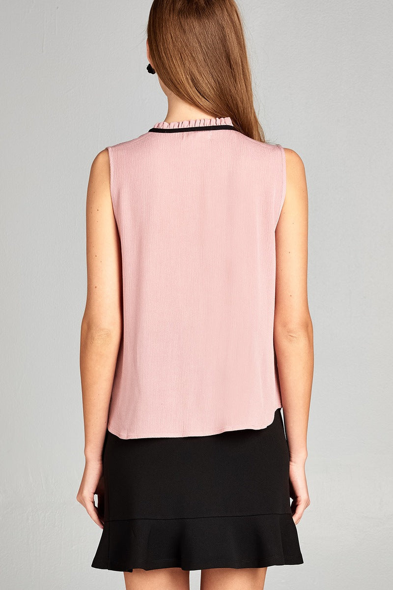 Ladies fashion plus size sleeveless contrast self tie front lace w/pintuck detail crinkle gauze top