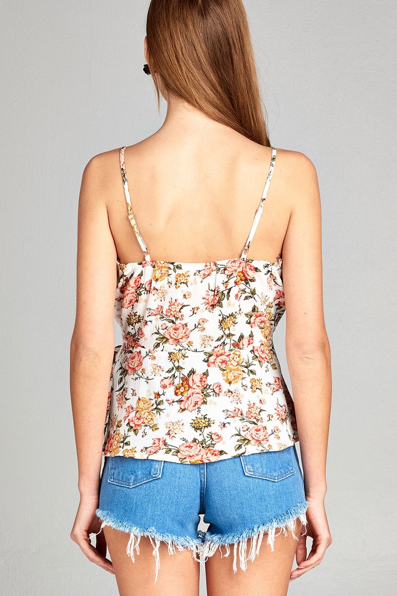 Ladies fashion v-neck shoulder w/ruffle wrap waist tie floral print peplum crepe cami woven top