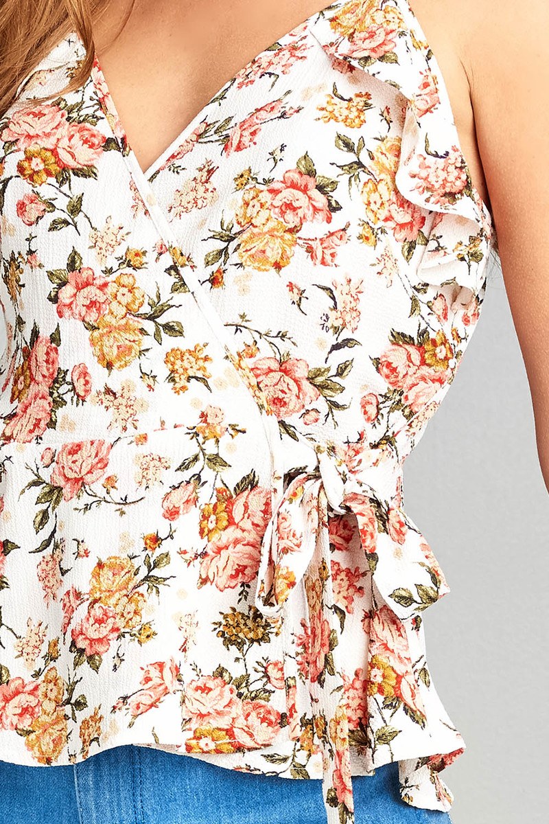 Ladies fashion v-neck shoulder w/ruffle wrap waist tie floral print peplum crepe cami woven top