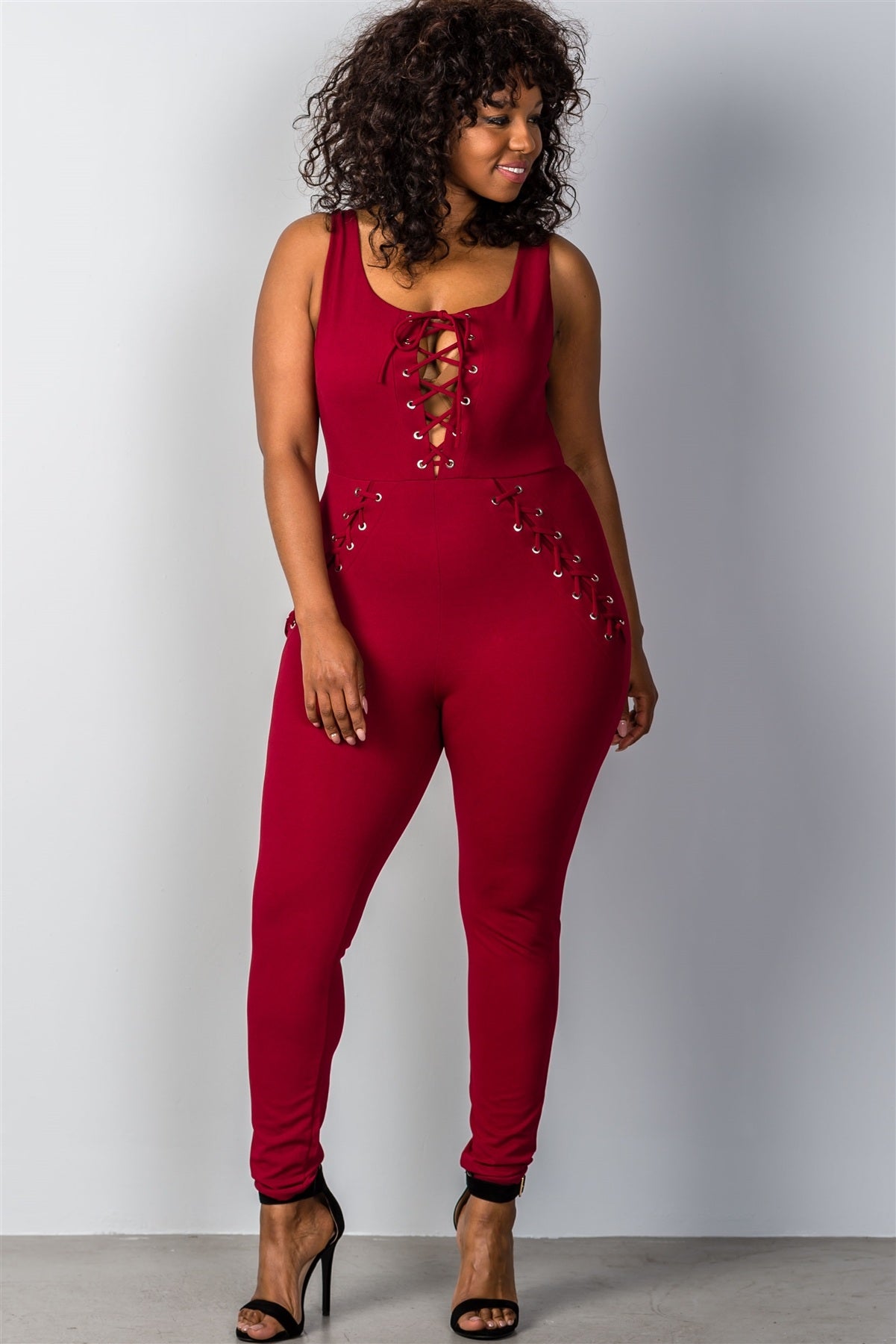 Ladies fashion plus size lace-up jumpsuit