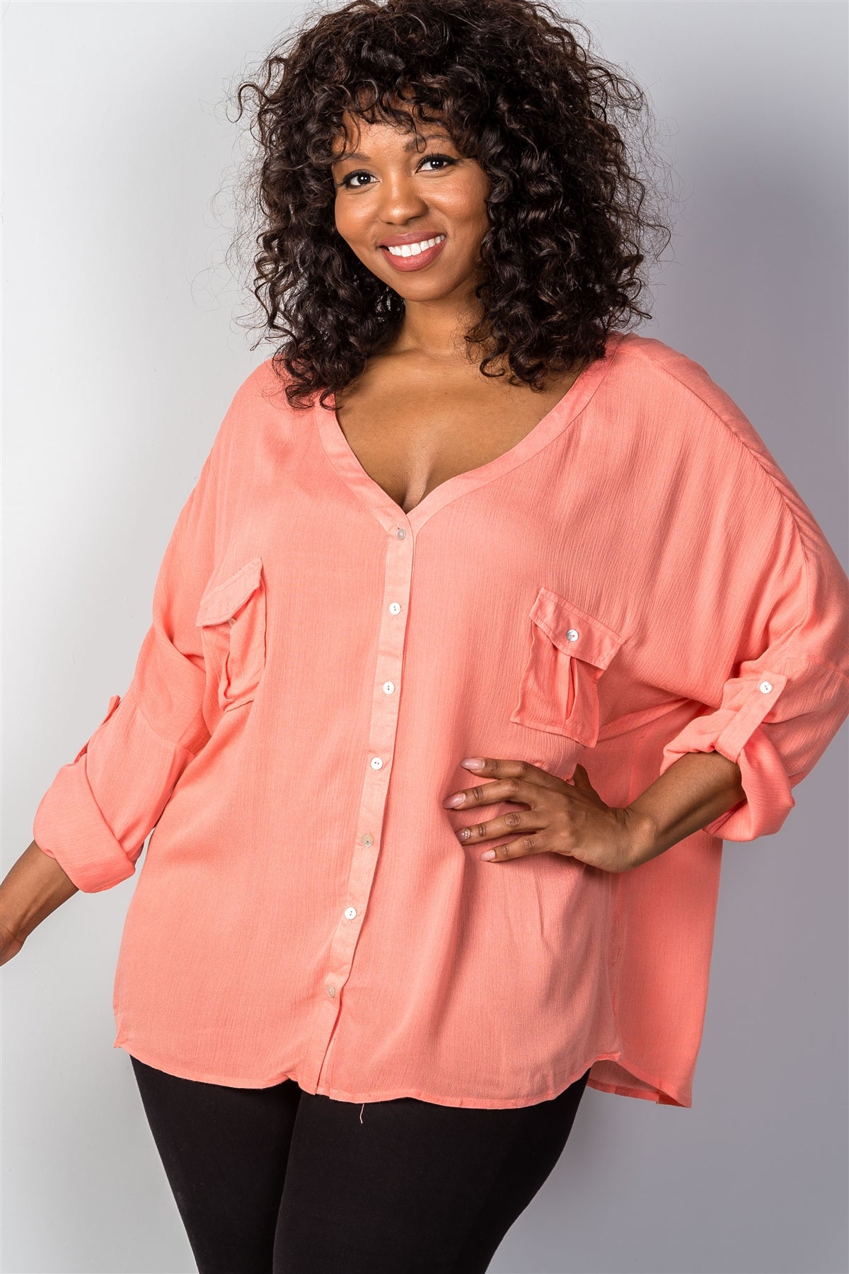 Ladies fashion plus size coral "v" neck criss cross back plus size top