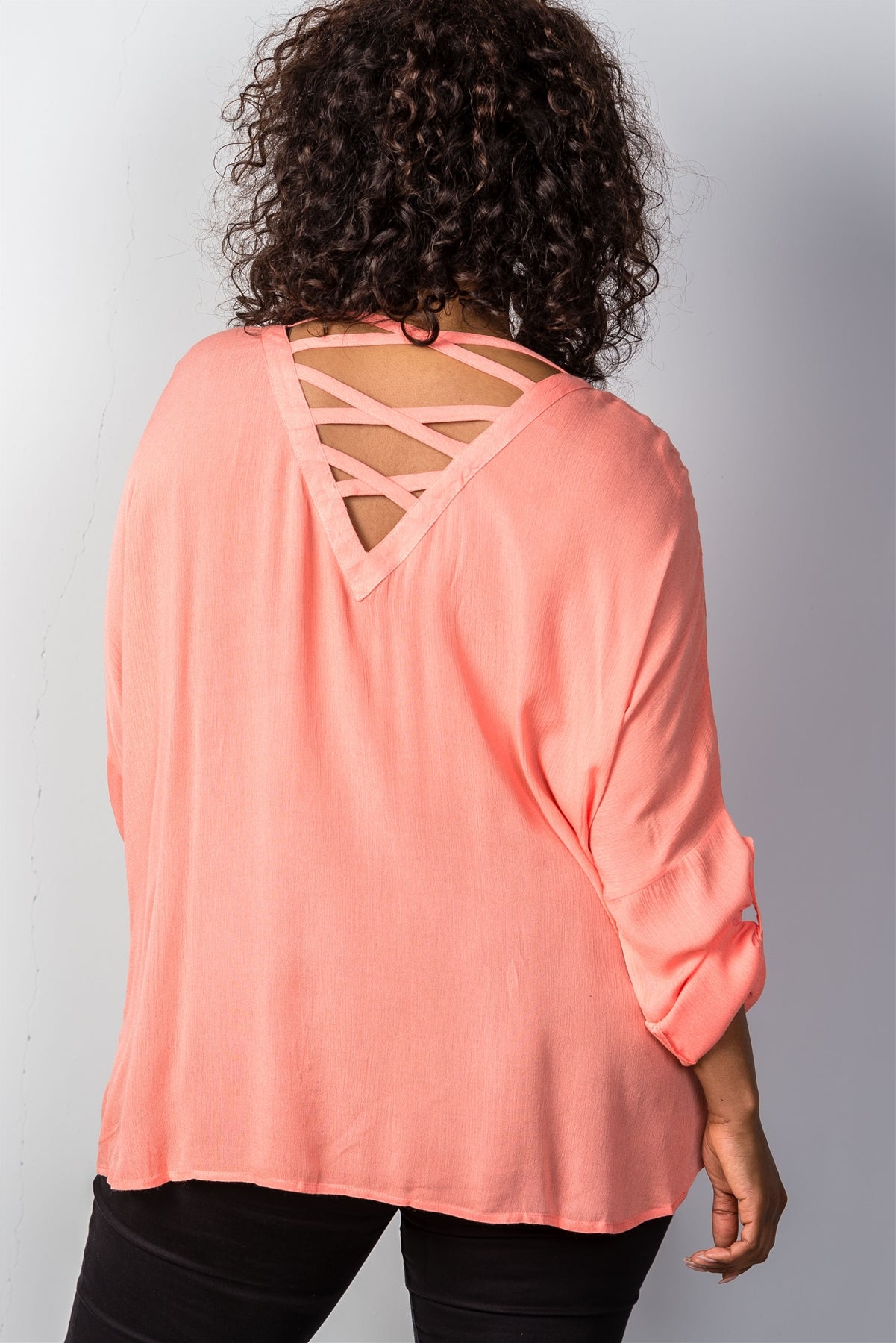 Ladies fashion plus size coral "v" neck criss cross back plus size top