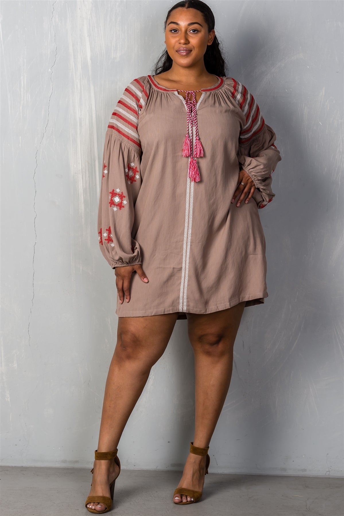 Ladies fashion plus size mocha tribal embroidered long sleeve blouse w/ tassel at collar
