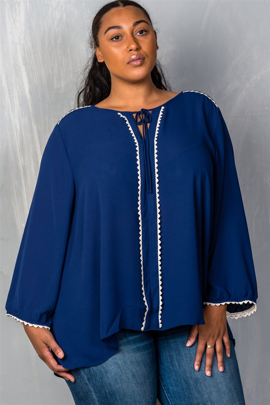 Ladies fashion plus size  navy long sleeve crepe plus size blouse