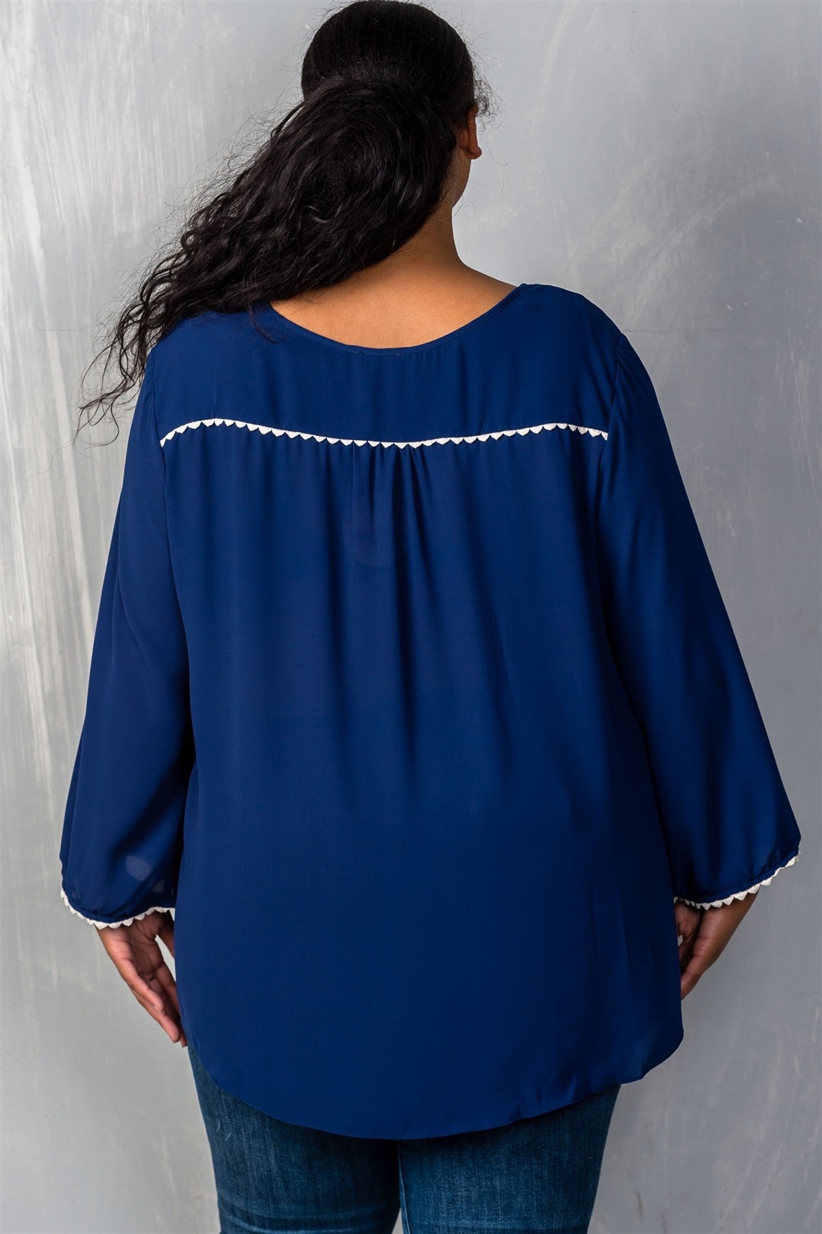 Ladies fashion plus size  navy long sleeve crepe plus size blouse