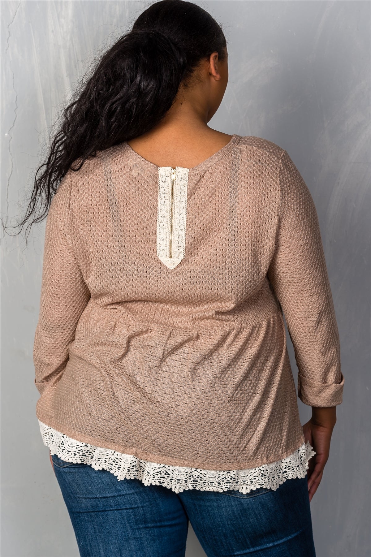 Ladies fashion plus size mocha babydoll swing knit crochet plus size top