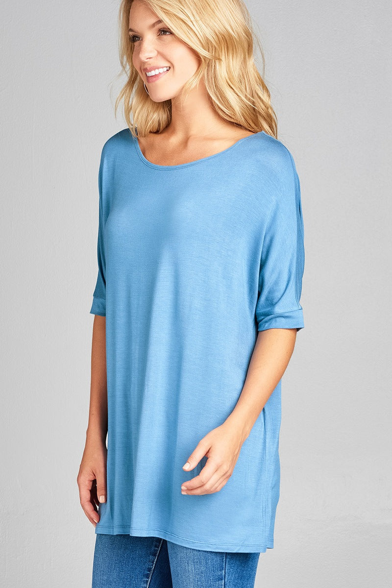 Ladies fashion elbow sleeve round neck rayon spandex jersey tunic top