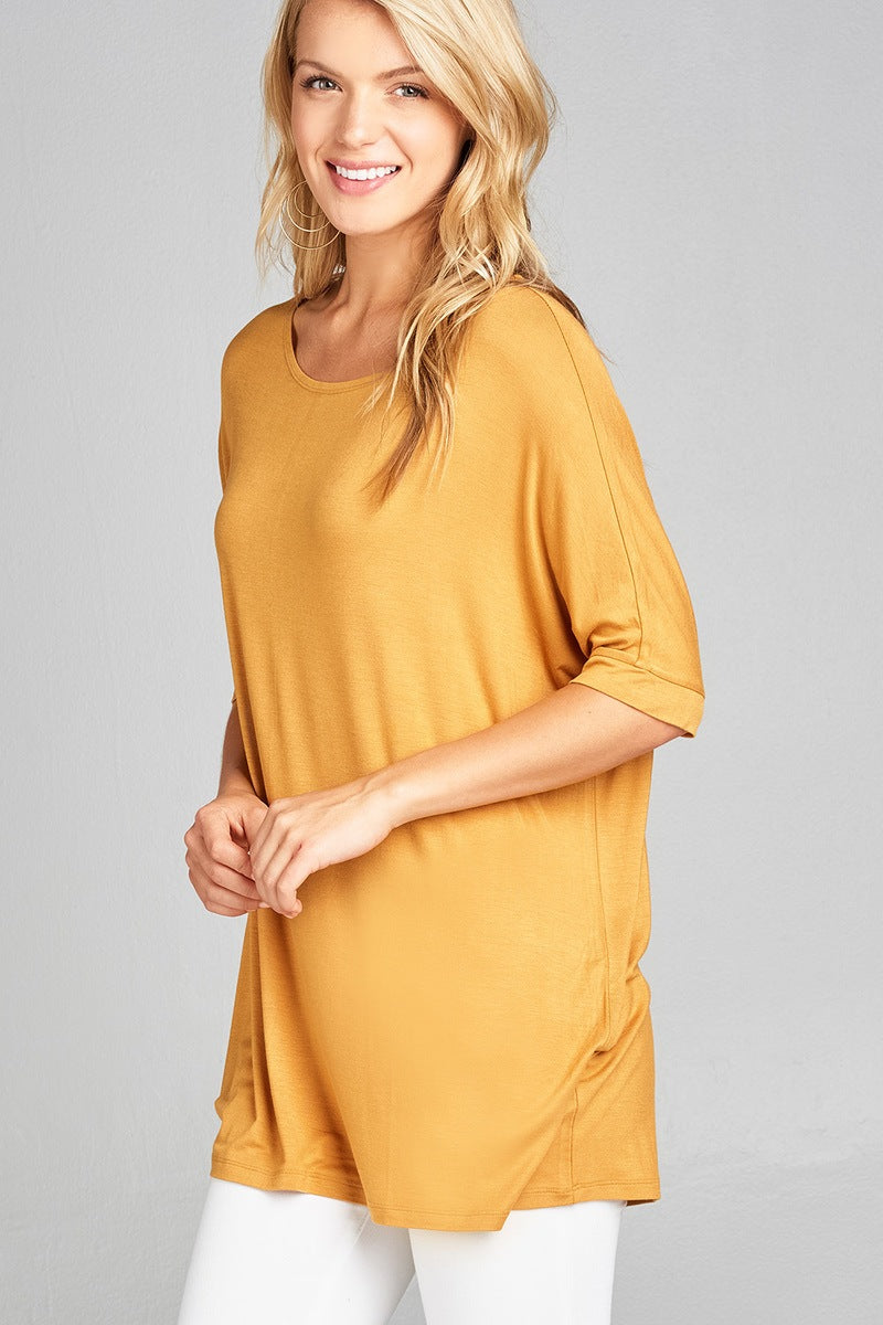 Ladies fashion elbow sleeve round neck rayon spandex jersey tunic top