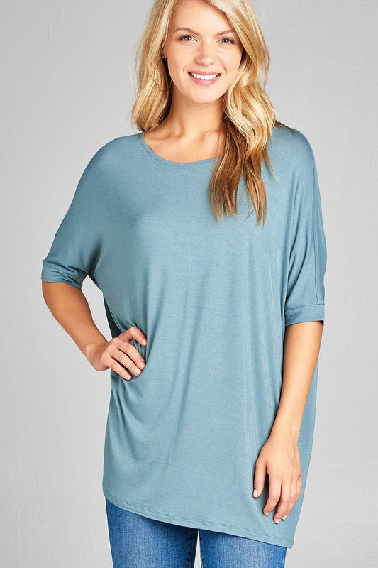 Ladies fashion elbow sleeve round neck rayon spandex jersey tunic top