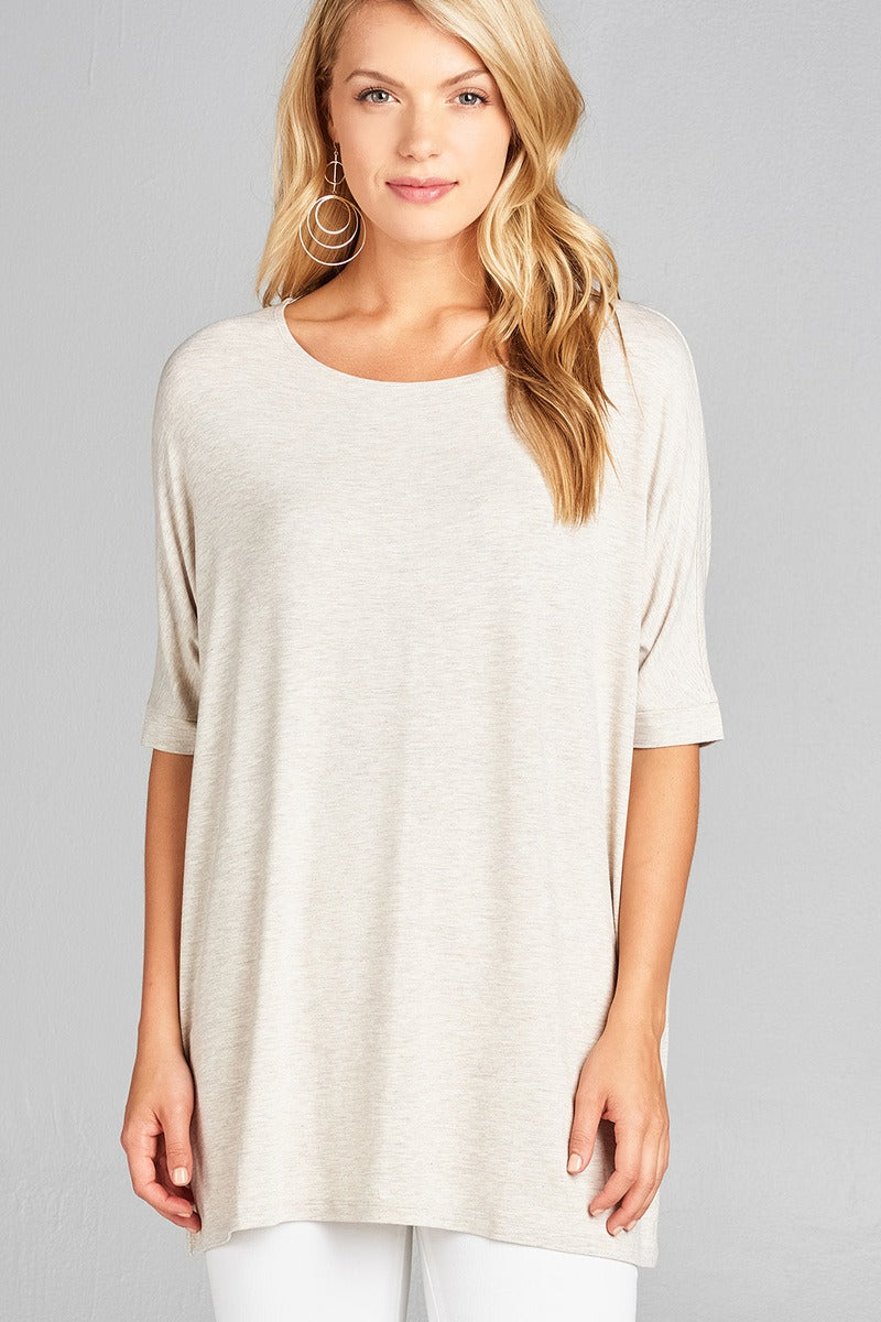 Ladies fashion elbow sleeve round neck rayon spandex jersey tunic top