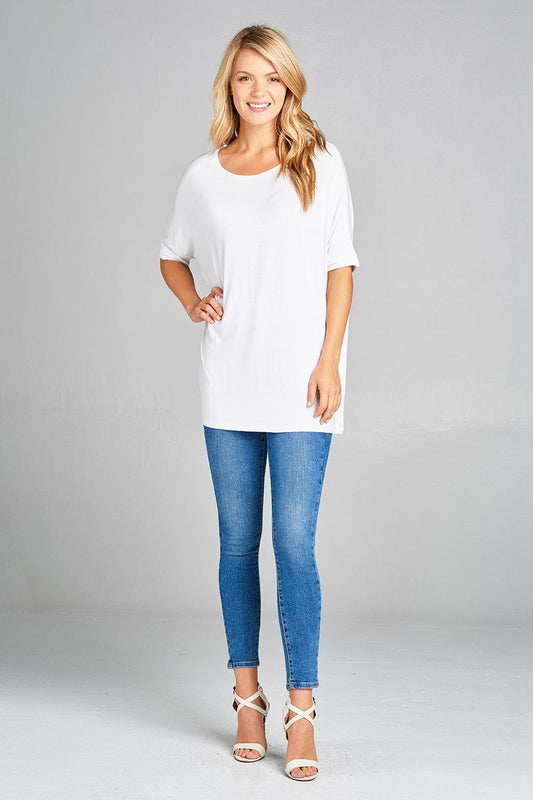 Ladies fashion elbow sleeve round neck rayon spandex jersey tunic top