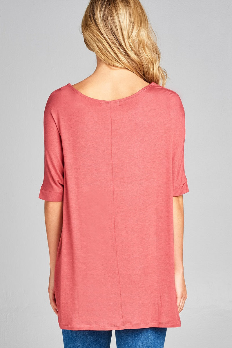 Ladies fashion elbow sleeve round neck rayon spandex jersey tunic top