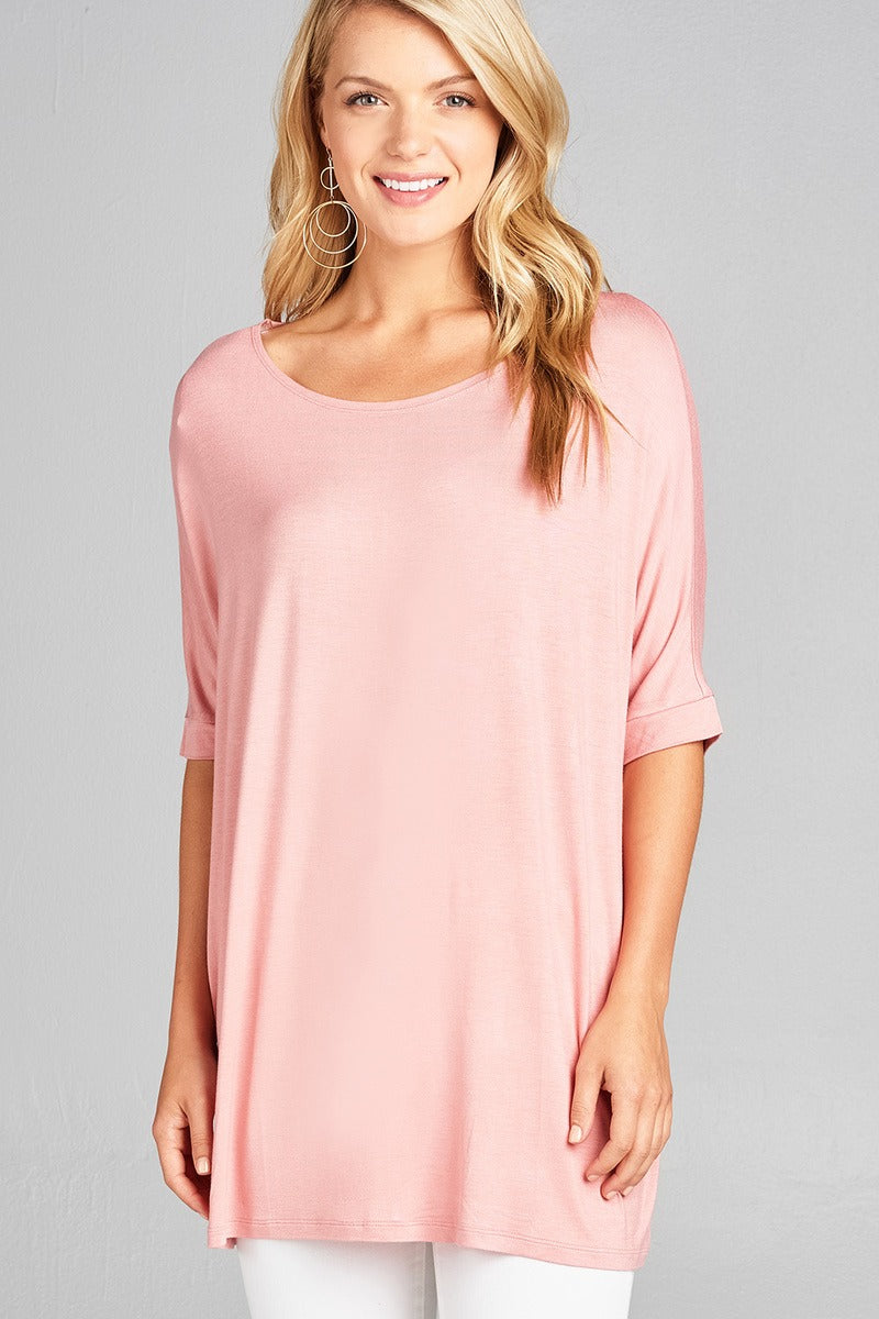 Ladies fashion elbow sleeve round neck rayon spandex jersey tunic top