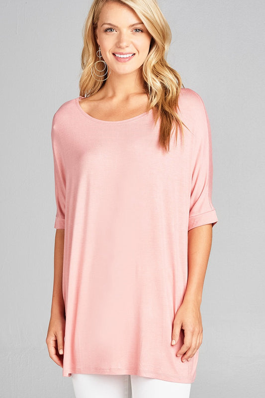 Ladies fashion elbow sleeve round neck rayon spandex jersey tunic top