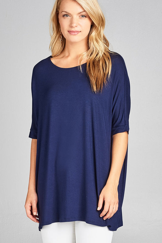 Ladies fashion elbow sleeve round neck rayon spandex jersey tunic top
