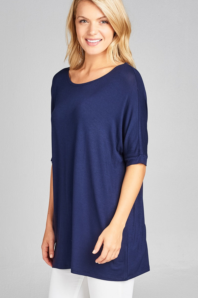 Ladies fashion elbow sleeve round neck rayon spandex jersey tunic top