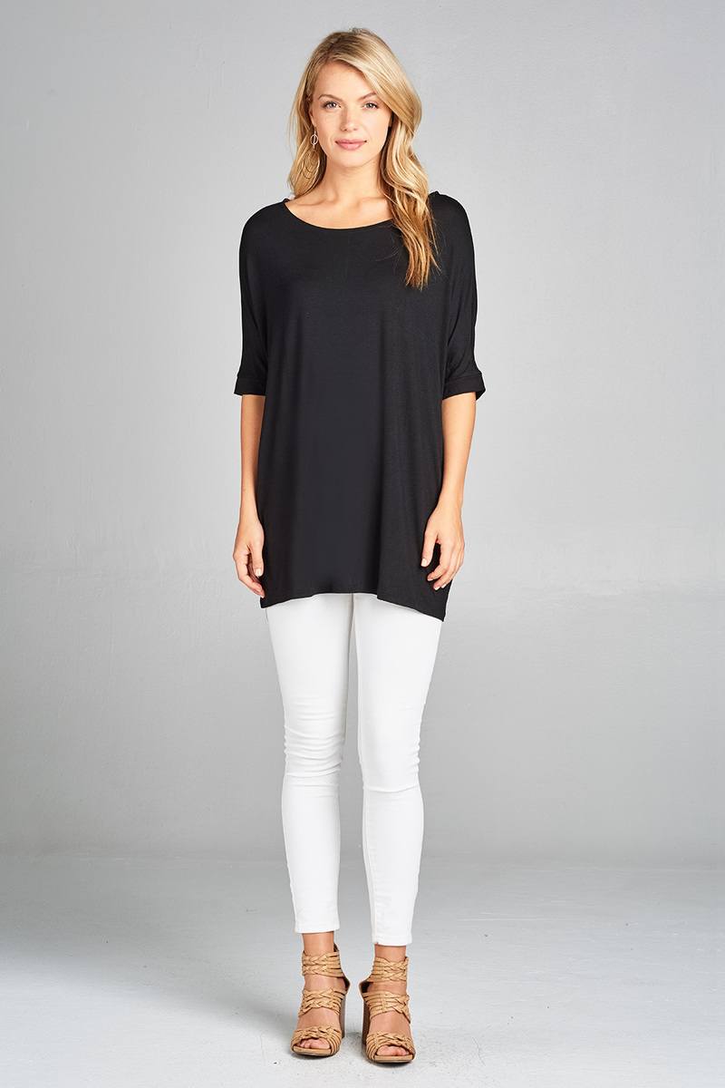 Ladies fashion elbow sleeve round neck rayon spandex jersey tunic top