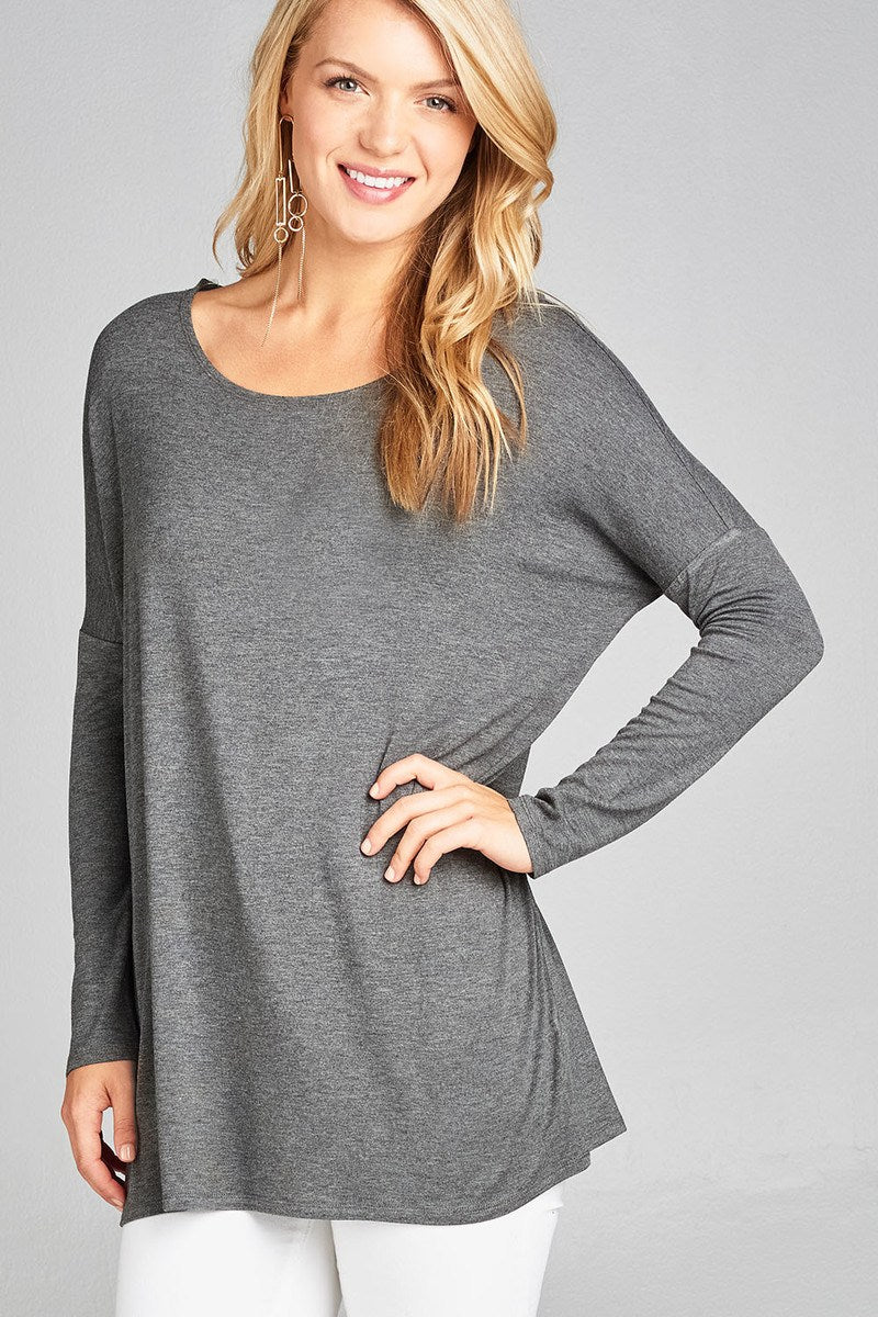 Ladies fashion long sleeve round neck rayon spandex jersey tunic top