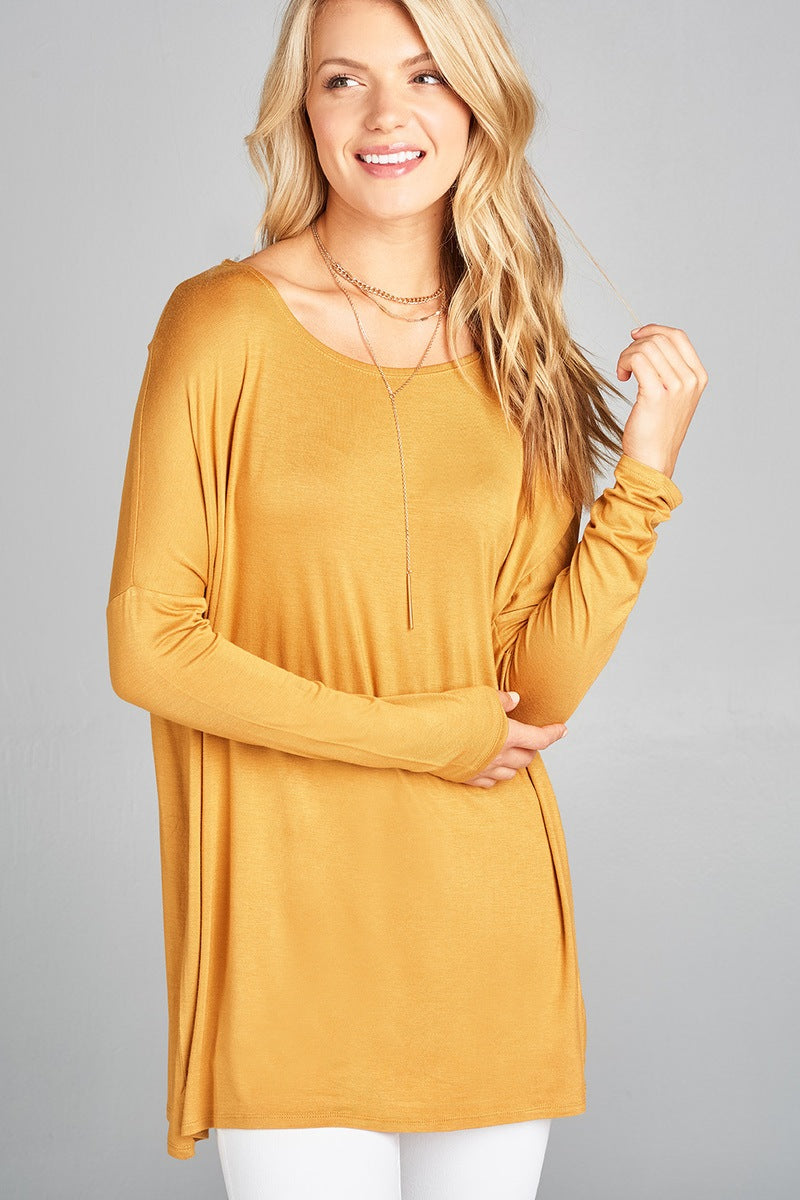 Ladies fashion long sleeve round neck rayon spandex jersey tunic top