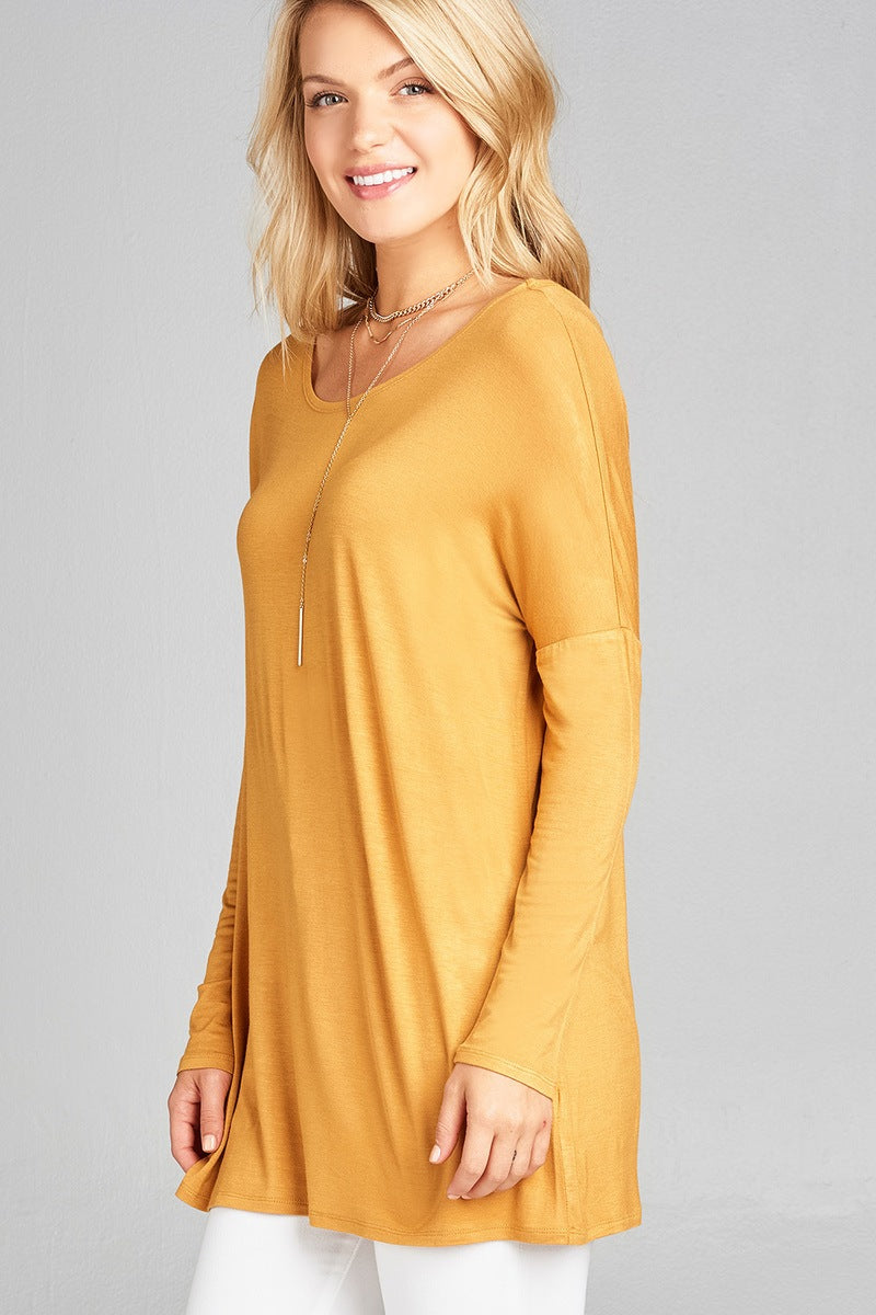 Ladies fashion long sleeve round neck rayon spandex jersey tunic top