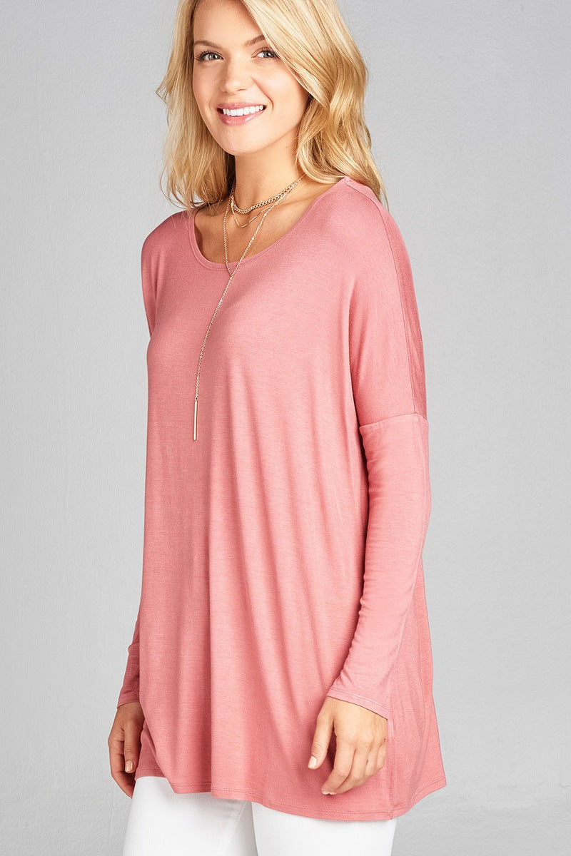 Ladies fashion long sleeve round neck rayon spandex jersey tunic top