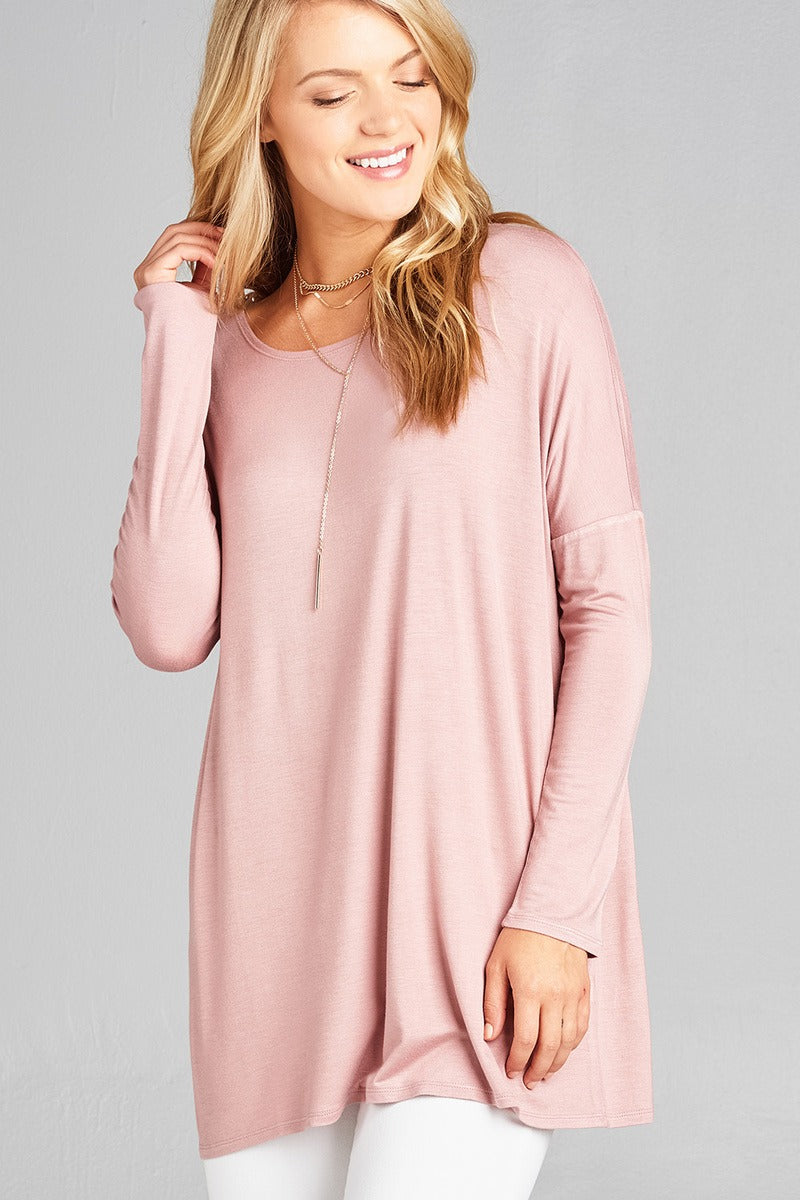 Ladies fashion long sleeve round neck rayon spandex jersey tunic top