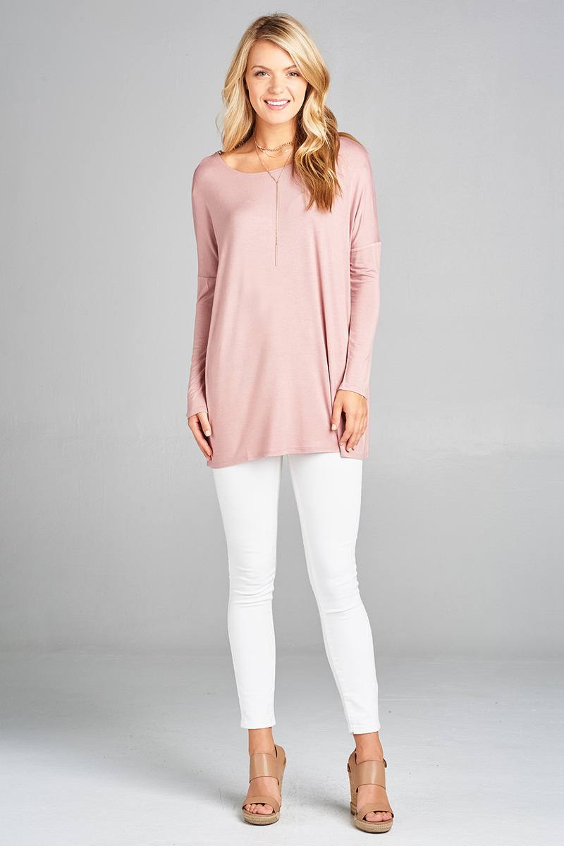Ladies fashion long sleeve round neck rayon spandex jersey tunic top
