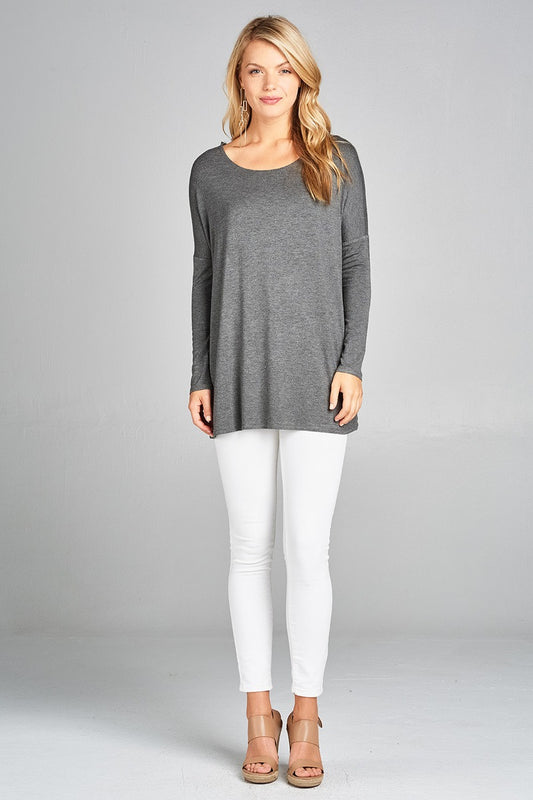 Ladies fashion long sleeve round neck rayon spandex jersey tunic top