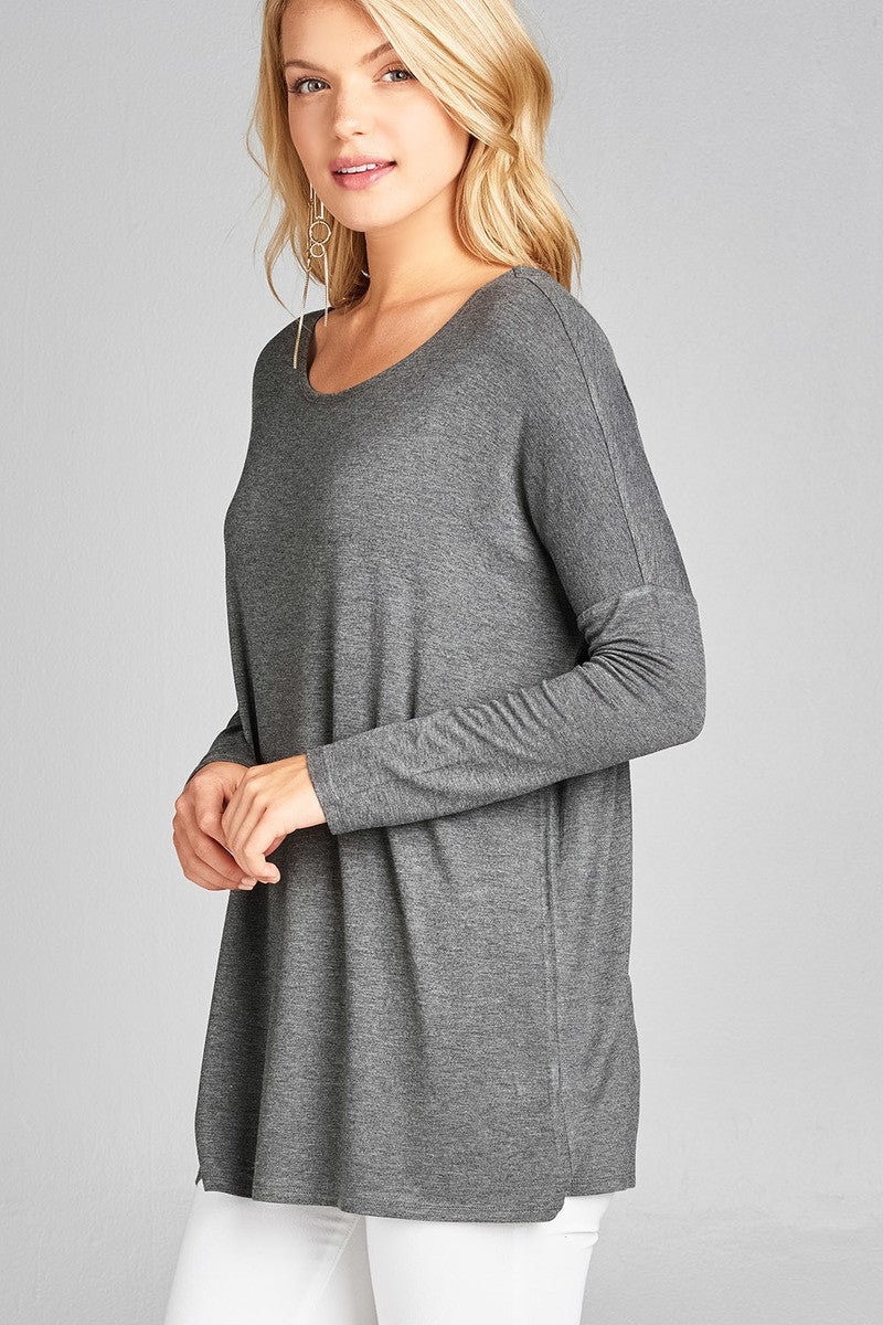 Ladies fashion long sleeve round neck rayon spandex jersey tunic top