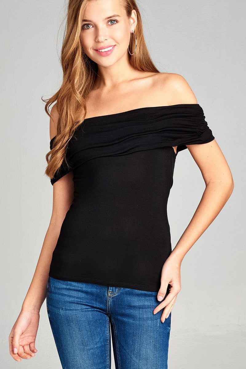 Ladies fashion fold over off the shoulder rayon spandex jersey top