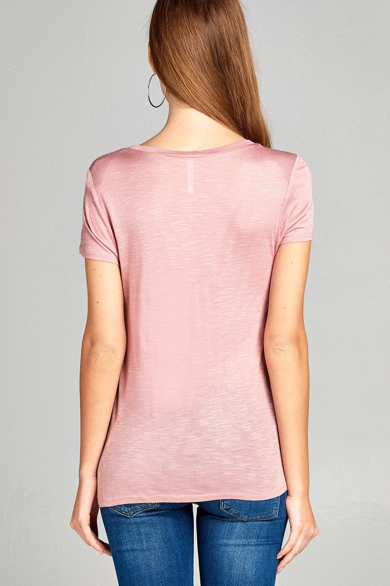 Ladies fashion short sleeve scoop neck w/pocket rayon slub top