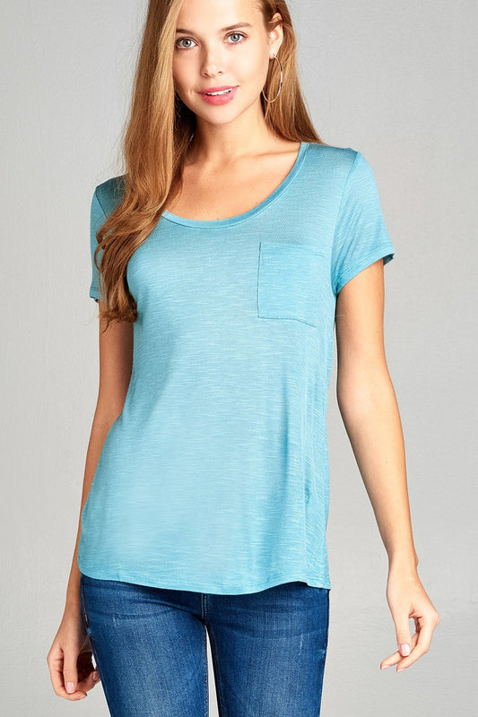 Ladies fashion short sleeve scoop neck w/pocket rayon slub top