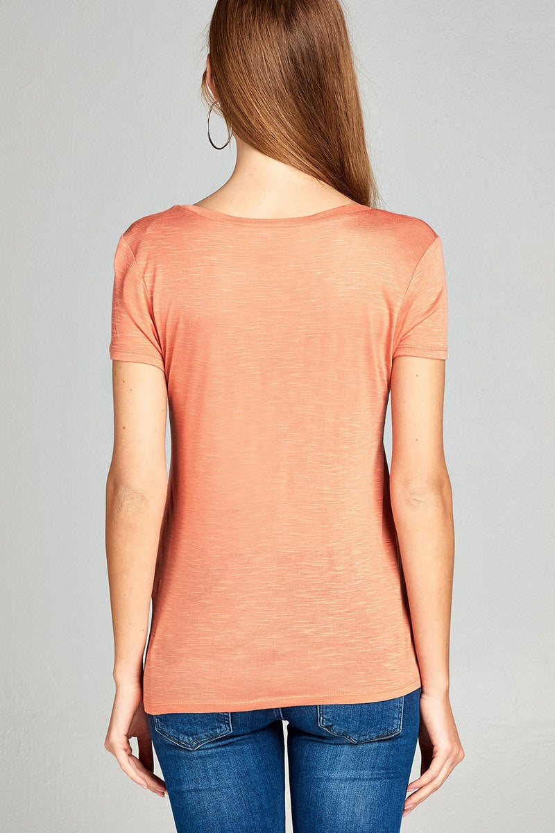Ladies fashion short sleeve scoop neck w/pocket rayon slub top