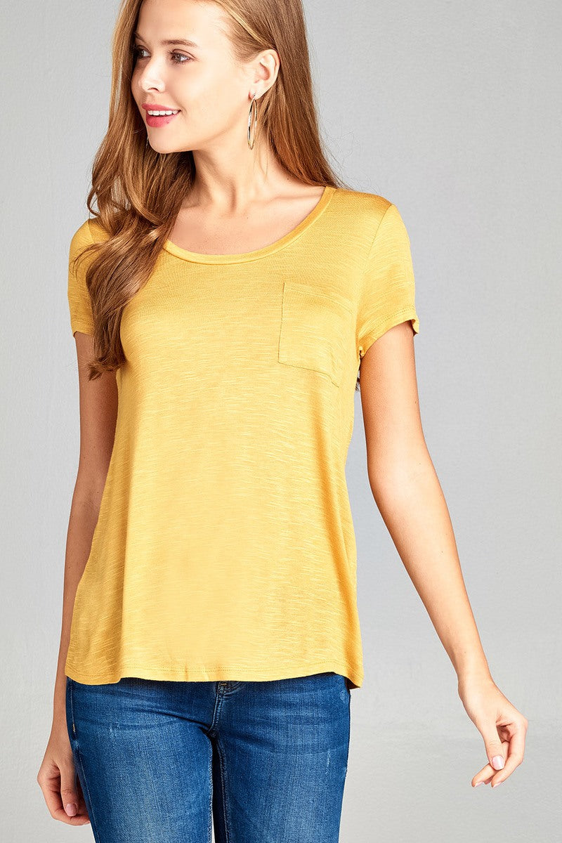 Ladies fashion short sleeve scoop neck w/pocket rayon slub top