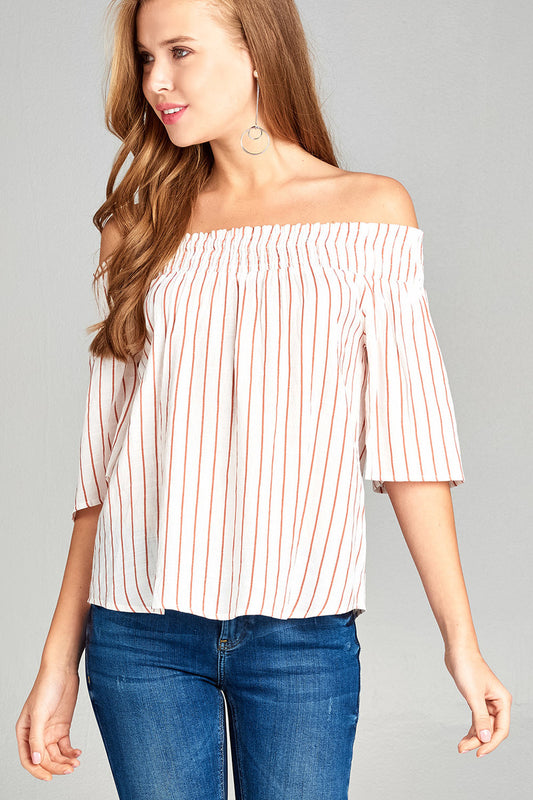 Ladies fashion short sleeve smocked off the shoulder stripe print woven top