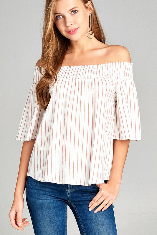 Ladies fashion short sleeve smocked off the shoulder stripe print woven top
