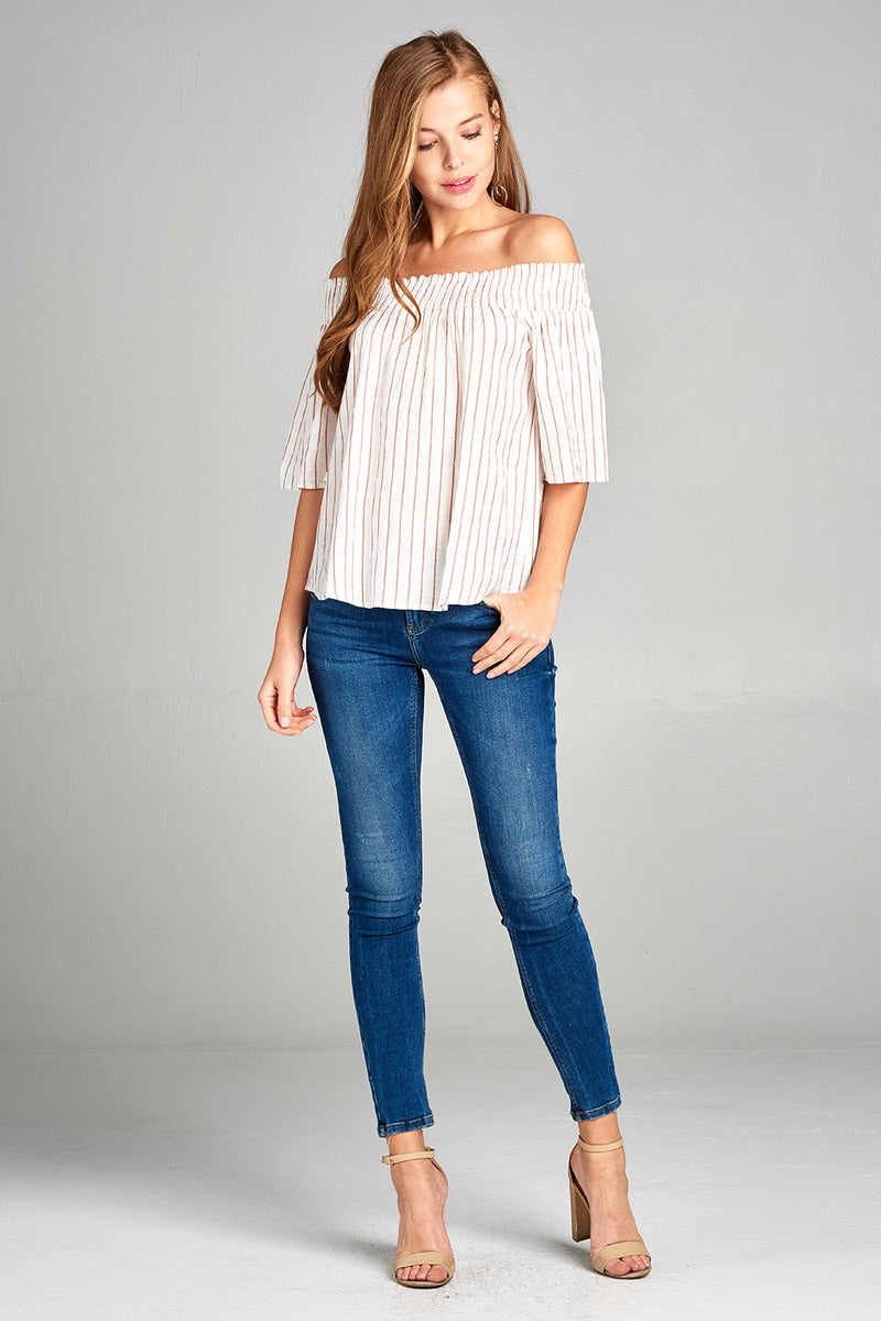 Ladies fashion short sleeve smocked off the shoulder stripe print woven top