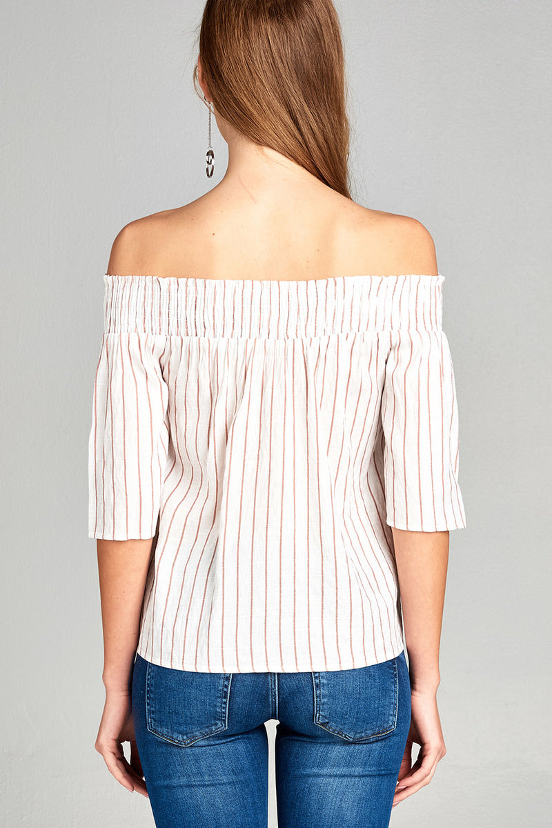 Ladies fashion short sleeve smocked off the shoulder stripe print woven top