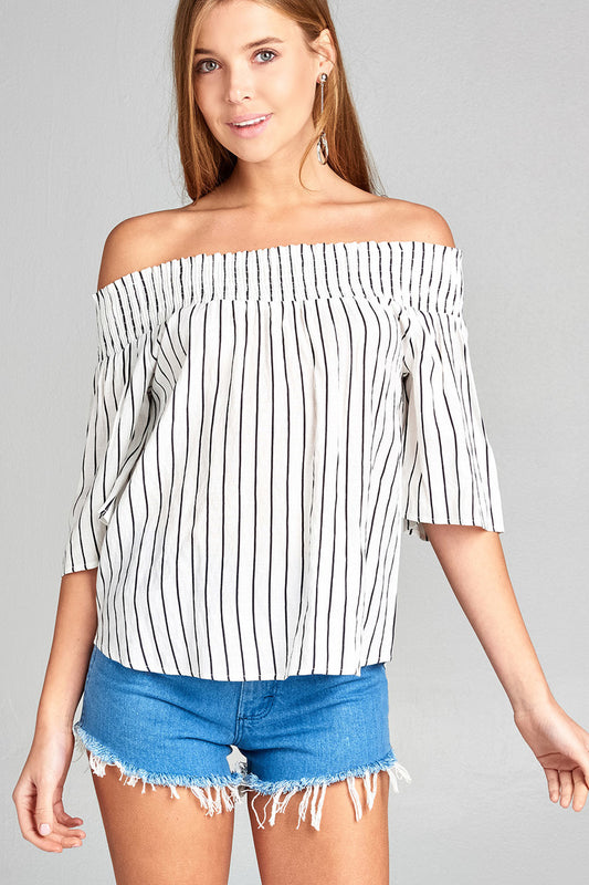 Ladies fashion short sleeve smocked off the shoulder stripe print woven top