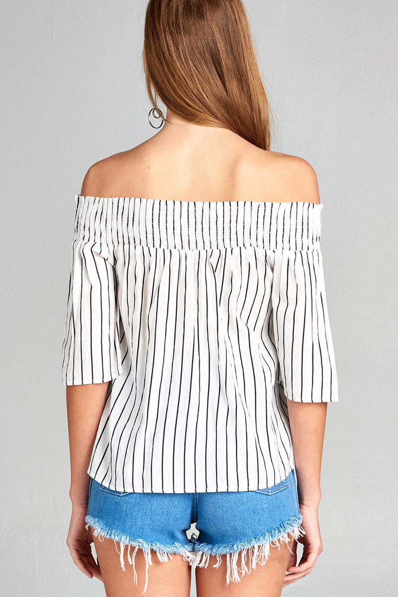 Ladies fashion short sleeve smocked off the shoulder stripe print woven top