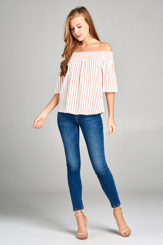 Ladies fashion short sleeve smocked off the shoulder stripe print woven top