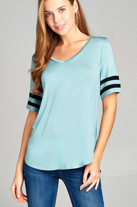 Ladies fashion short double stripe sleeve v-neck rayon spandex top