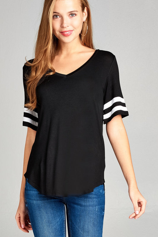 Ladies fashion short double stripe sleeve v-neck rayon spandex top
