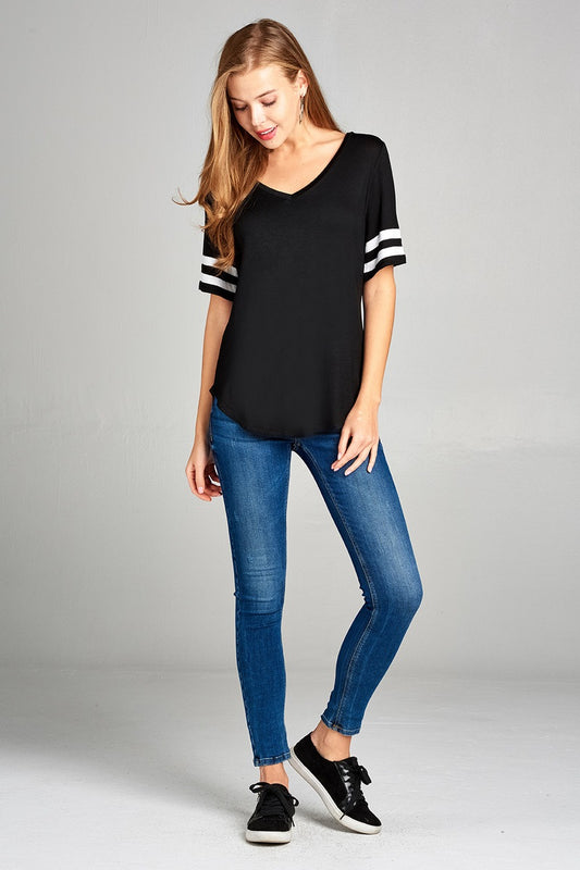 Ladies fashion short double stripe sleeve v-neck rayon spandex top