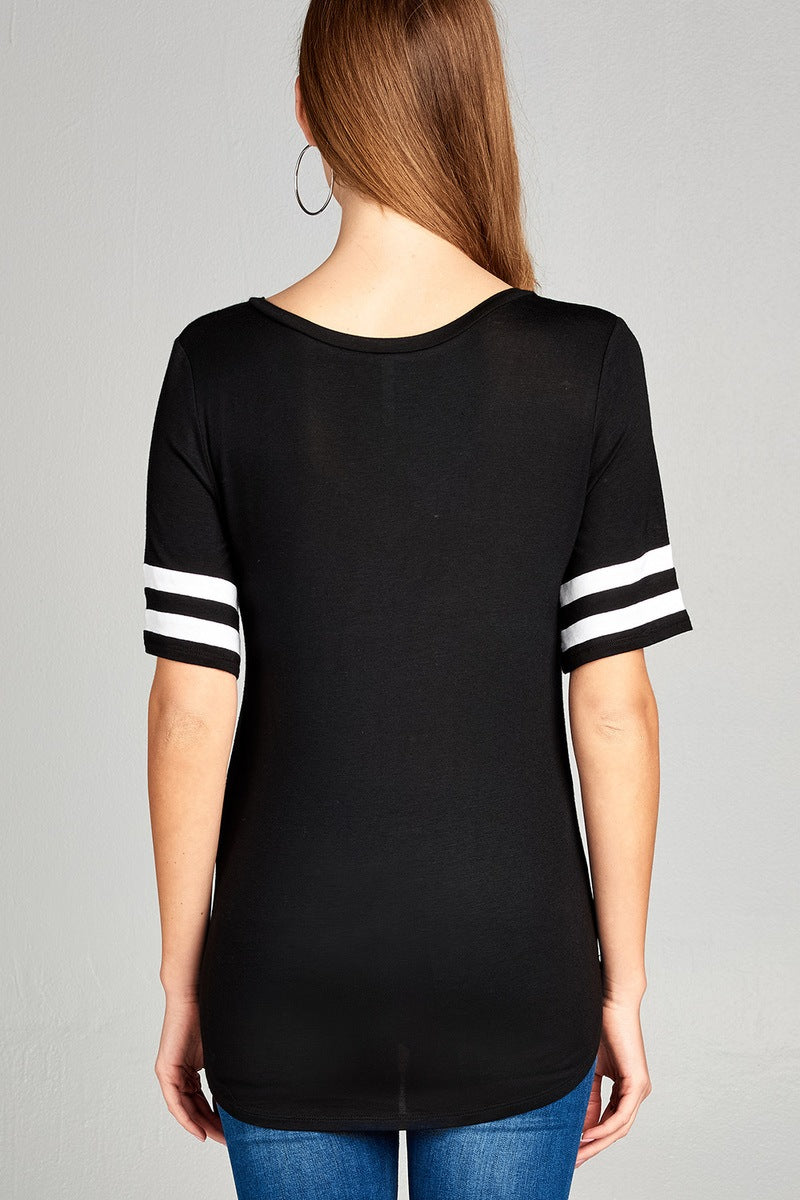 Ladies fashion short double stripe sleeve v-neck rayon spandex top