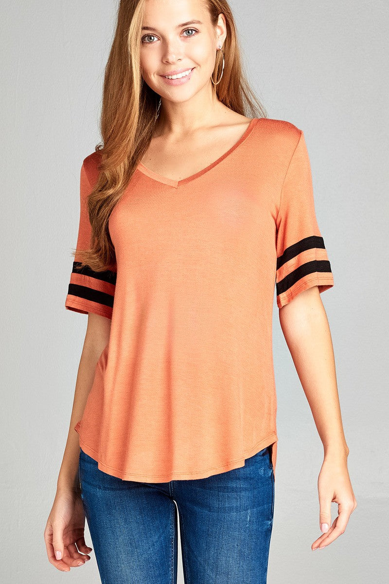 Ladies fashion short double stripe sleeve v-neck rayon spandex top