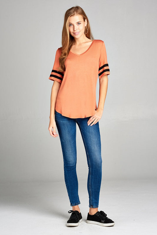 Ladies fashion short double stripe sleeve v-neck rayon spandex top